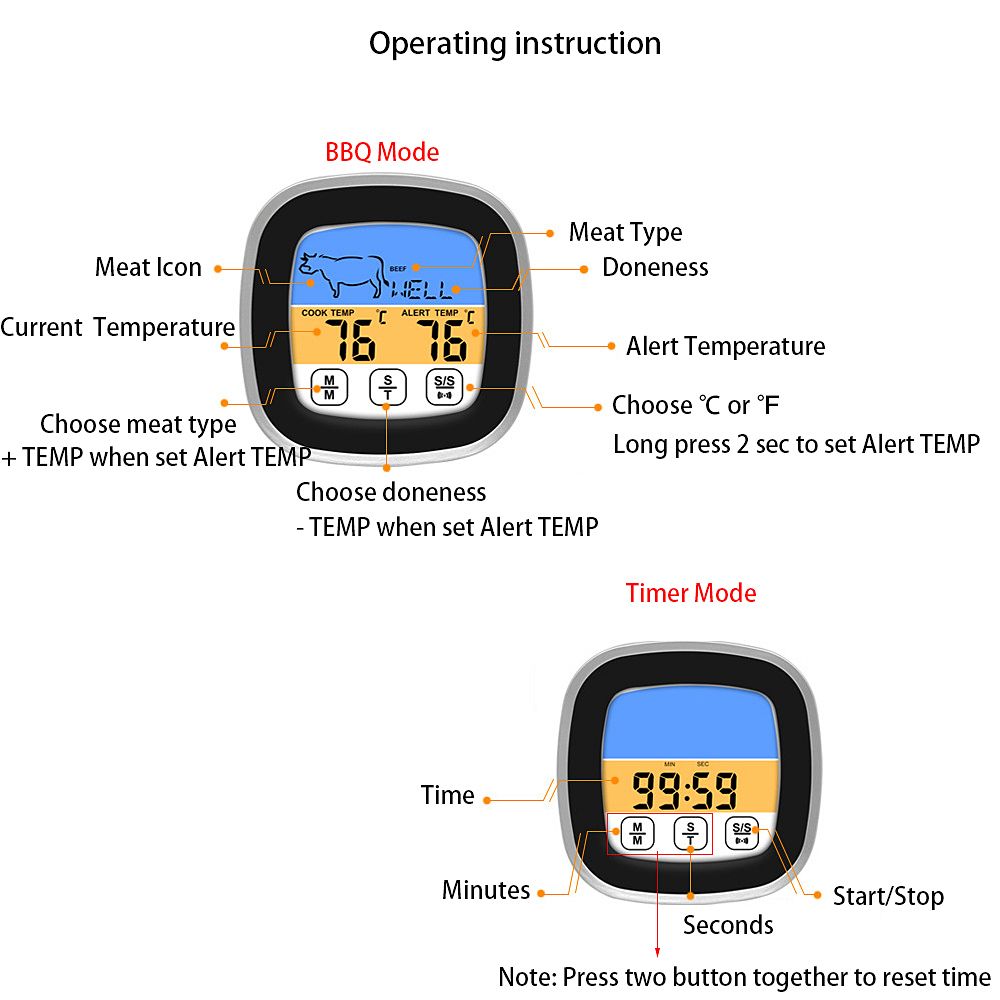 BBQ Thermometer 2 Alarm Mode Touch Screen Backlight Function Meat Thermometer for Outdoor Camping Picnic — image 4