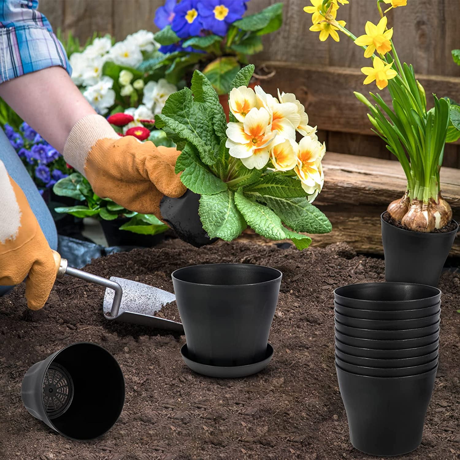 4 inch Plant Pots,Plastic Planters with Drainage Holes and Saucers for Flowers Plants, Succulents,Seed Starting Pots, Black，8Pack 4inch-Black — image 2