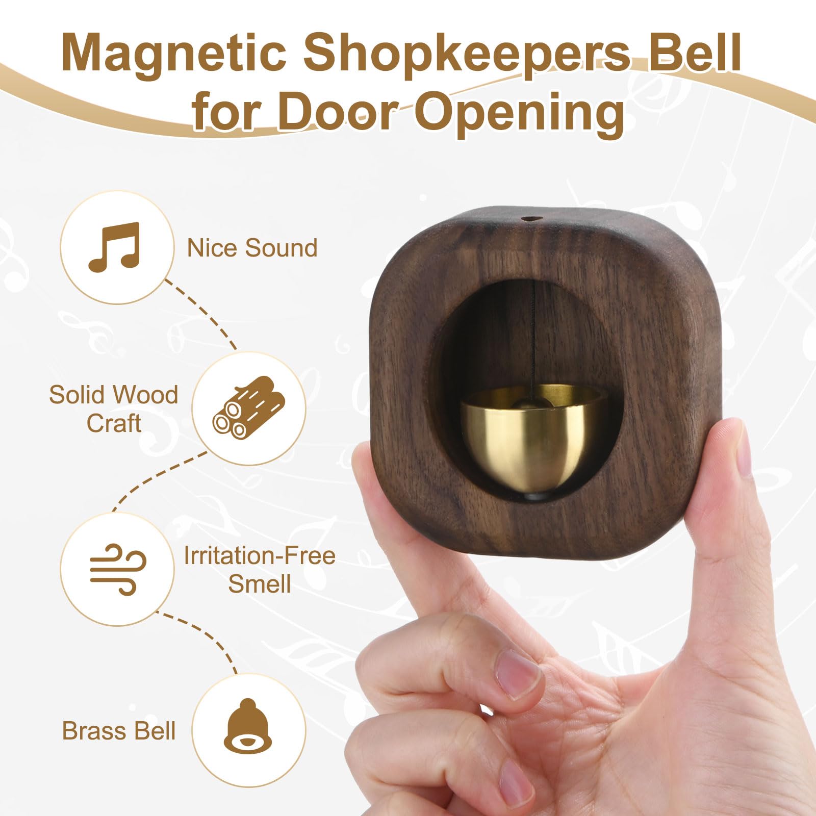 1 Piece Vintage Wooden Door Bell with Copper Chime and Magnetic Mount for Entryways and Bedrooms, Walnut Square Design — image 2