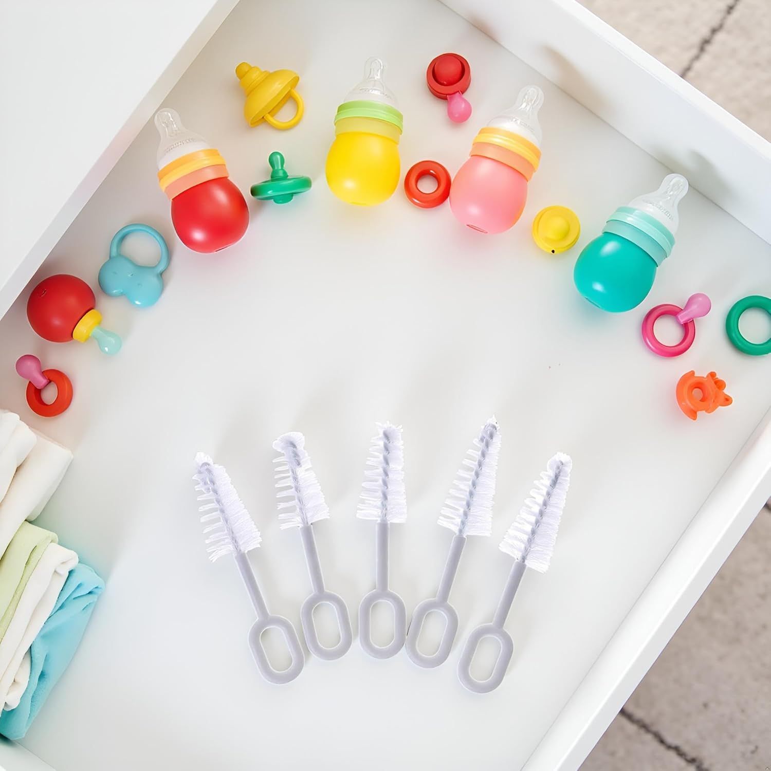 5 Pcs White Pacifier Cleaning Set,Nipple Cleaner Nipples Brush Cleaning Tools Professional Bristle High Density Pacifier Soother Accessories,Bottle-Feeding โ image 5