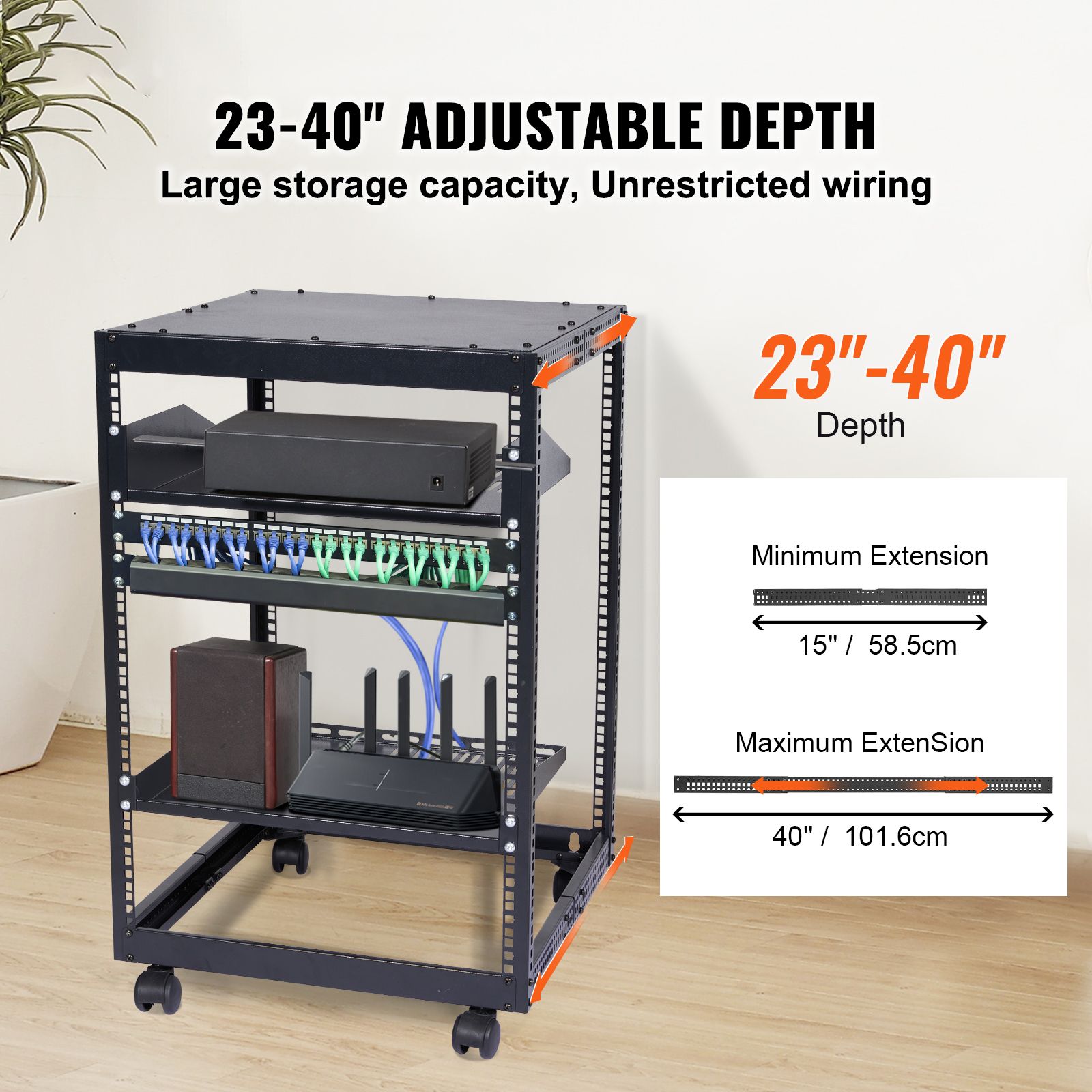 15U Open Frame Server Rack, 23-40 in Adjustable Depth, Free Standing or Wall Mount Network Server Rack, 4 Post AV Rack with Casters, Holds All Your Networking — image 2