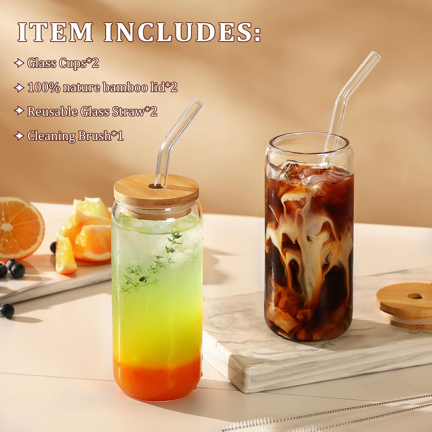 20 OZ Glass Cups with Bamboo Lids and Glass Straw - Beer Shaped Drinking Glasses Set, Iced Coffee Glasses, Cute Tumbler Cup, Aesthetic Coffee Bar Accessories — image 3