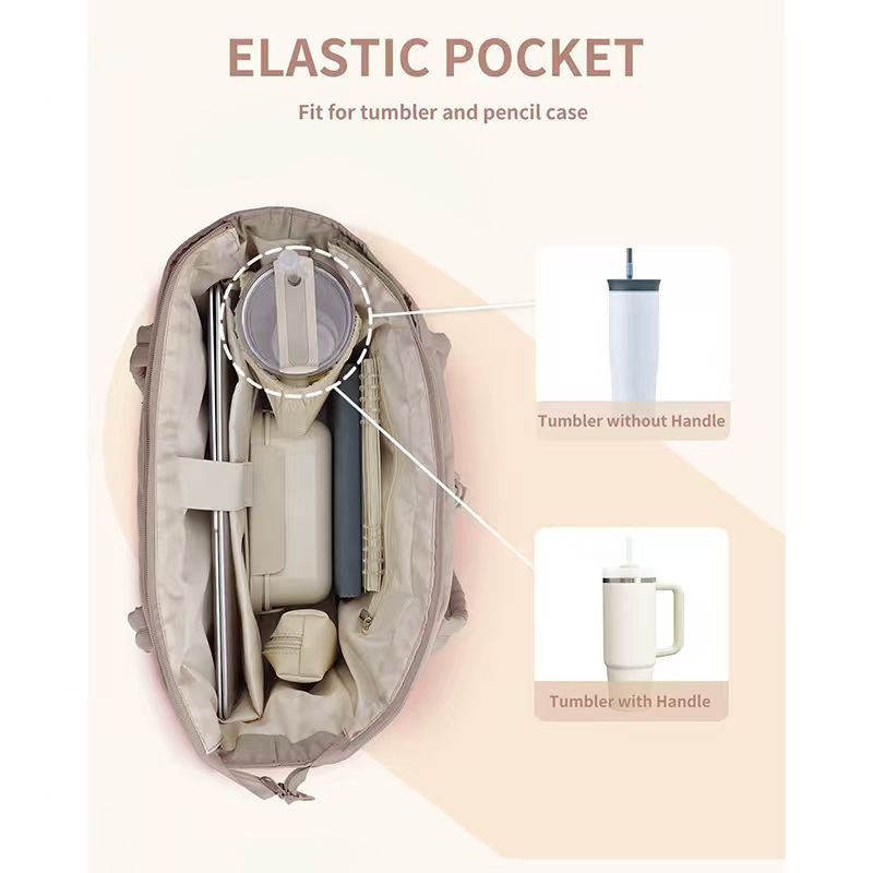 Khaki Quilted Puffer Nylon Tote/Laptop Bag for Women with Internal Cup Holder and Front & Side Pockets - Multi-Pocket Travel Handbag 15.7 x 12.2 x6.3" — image 2