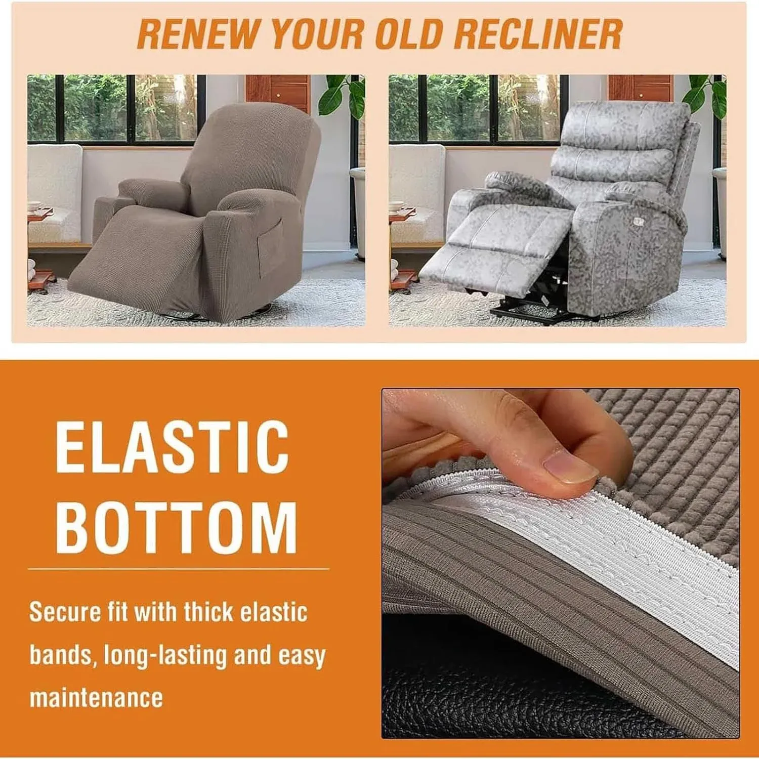 Recliner Slipcover High Stretch Jacquard Fabric with Side Pocket for Standard Power Lift Recliner Chair Brown, Letter G Option โ image 3