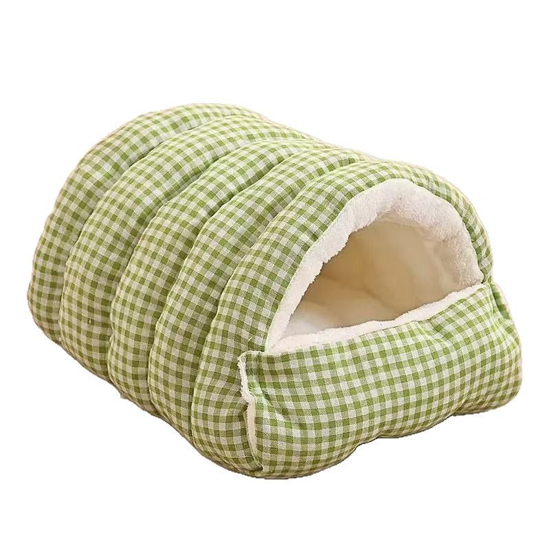 Green‑and‑white ginghamWinter Warm Enclosed Cat Cave Bed, Plush‑Lined Half‑Closed Pet Sleeping Bed, Checkered Washable Dog Cushion Nest for Small Cats Puppies — image 2