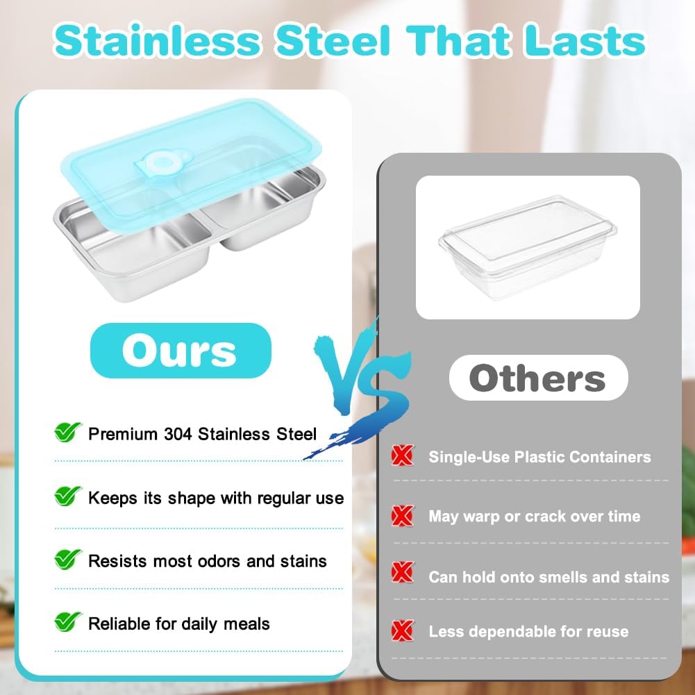 YQL 2 Pack Stainless Steel Food Containers with Lids, Double & Single Compartment Snack Boxes for Kids, Leakproof Reusable Bento Box for Lunch Prep, Travel β image 3