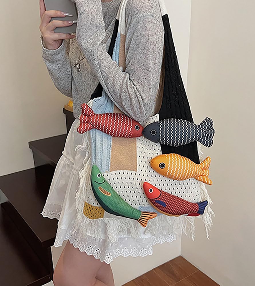 Boho Knit Tote Bag with 3D Fish Applique – Patchwork Shoulder Bag for Women, Beach, Travel & Daily Use – Soft Fringe Design (White) — image 2