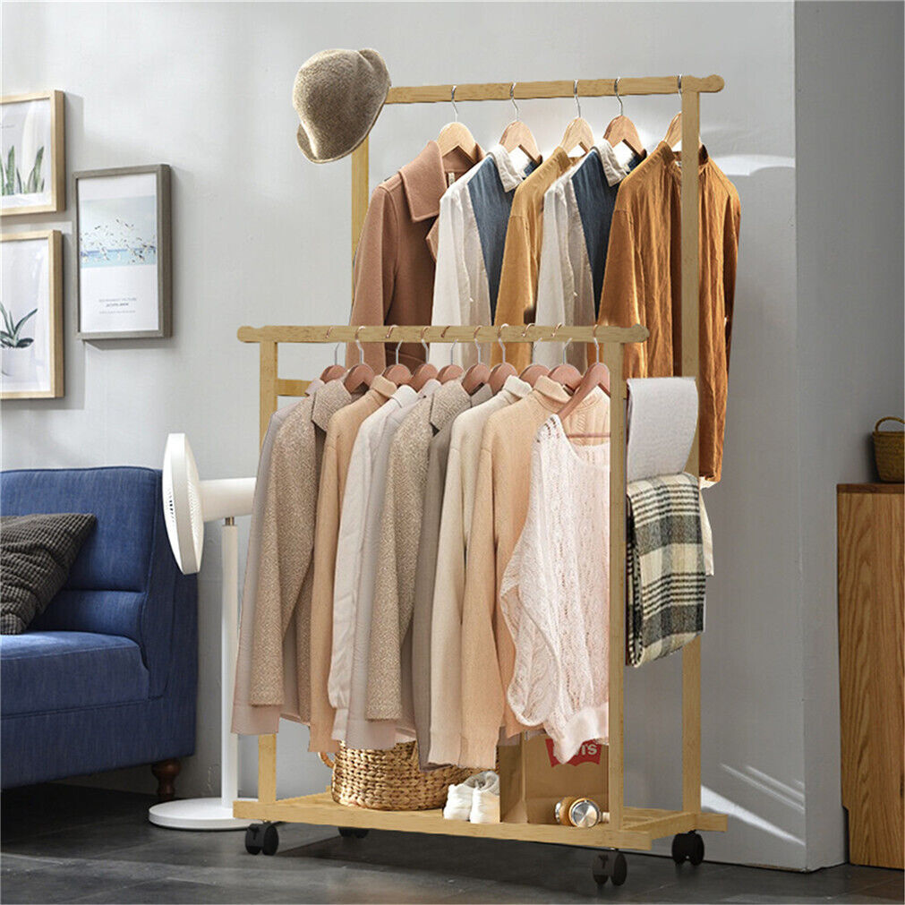 Double Rail Heavy Strong Rolling Clothes Rack with Trousers Rack & Bottom Shelf — image 2
