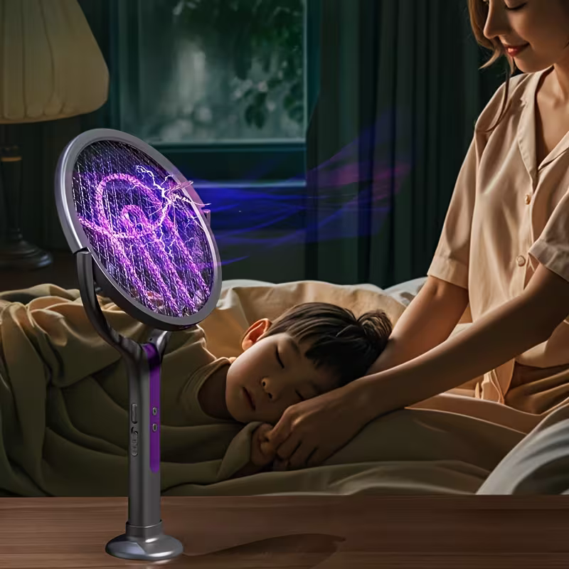 2-in-1 foldable and extendable electric mosquito swatter and purple insect lamp rechargeable fly swatter - USB-powered extendable pole, suitable for indoor