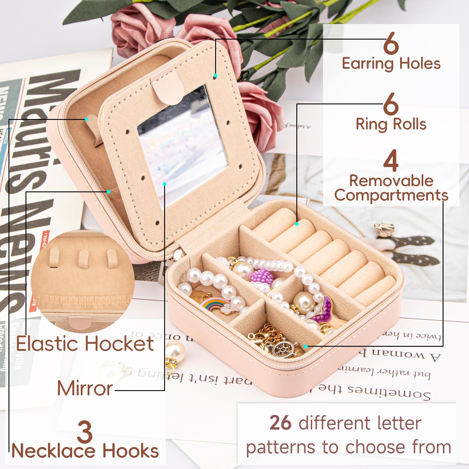 Travel Jewelry Box with Mirror, Travel Essentials Jewelry Holder Organizer, Ring Necklace Earring Organizer,Women and Girls,S — image 5
