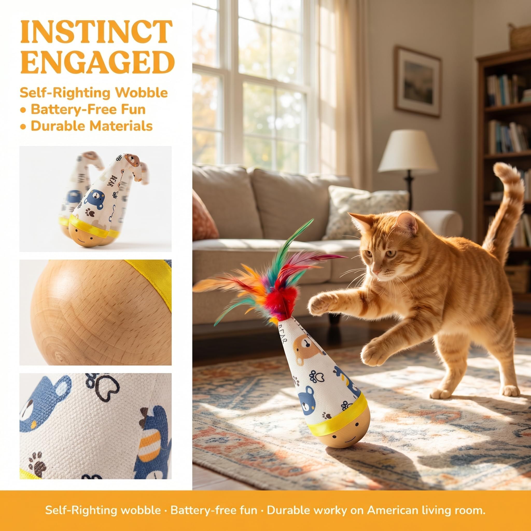 Self-Righting Pet Toy with Natural Wood Base and Durable Fabric Top, Featuring Feather Options and Playful Smile Design — image 4