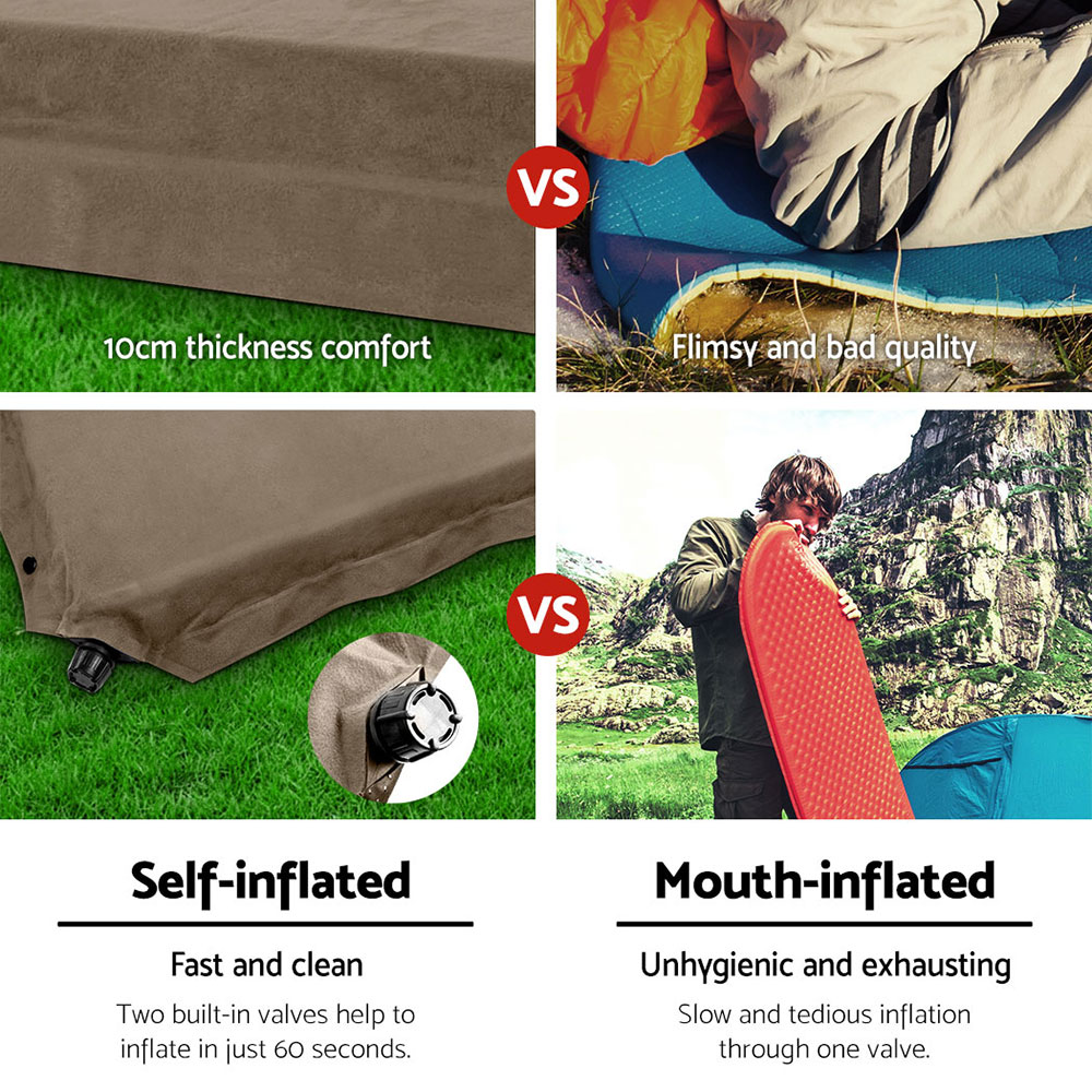 Weisshorn Self Inflating Mattress 10CM Camping Sleeping Mat Air Double Coffee — image 6