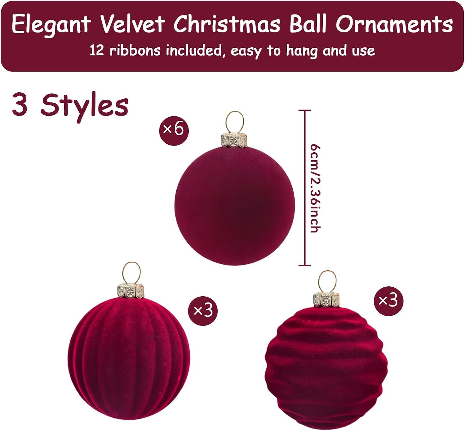 12Pcs Velvet Christmas Tree Ornaments, 2.4'' Burgundy Christmas Ornaments Set, Flocked Shatterproof Xmas Tree Balls Hanging Decorations Set for Holiday Party — image 2