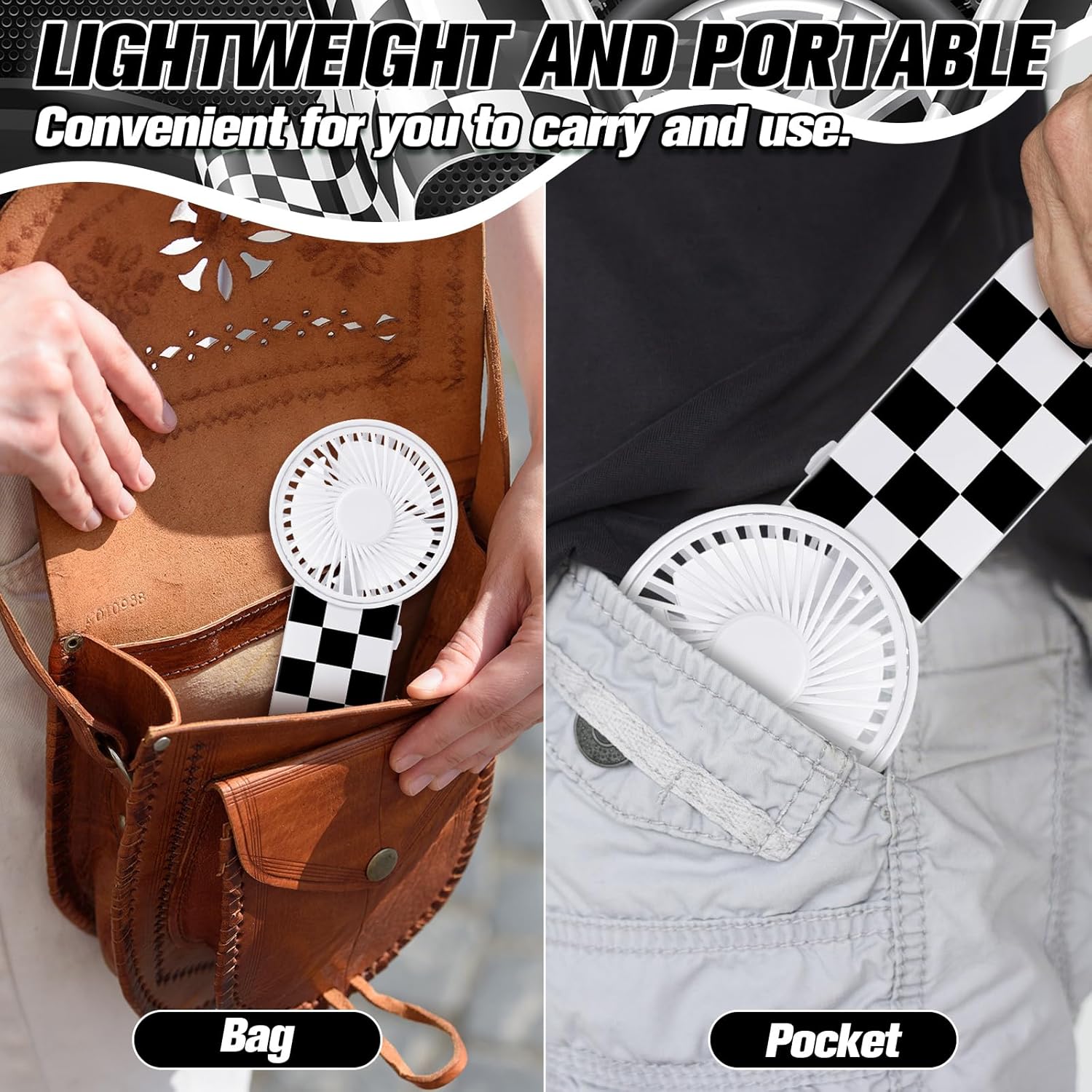 12 Pcs Race Car Party Favors Portable Fan Bulk Mini Handheld Personal Fans Checkered Black and White for Team Gift Travel Summer Outdoor Decorations — image 4
