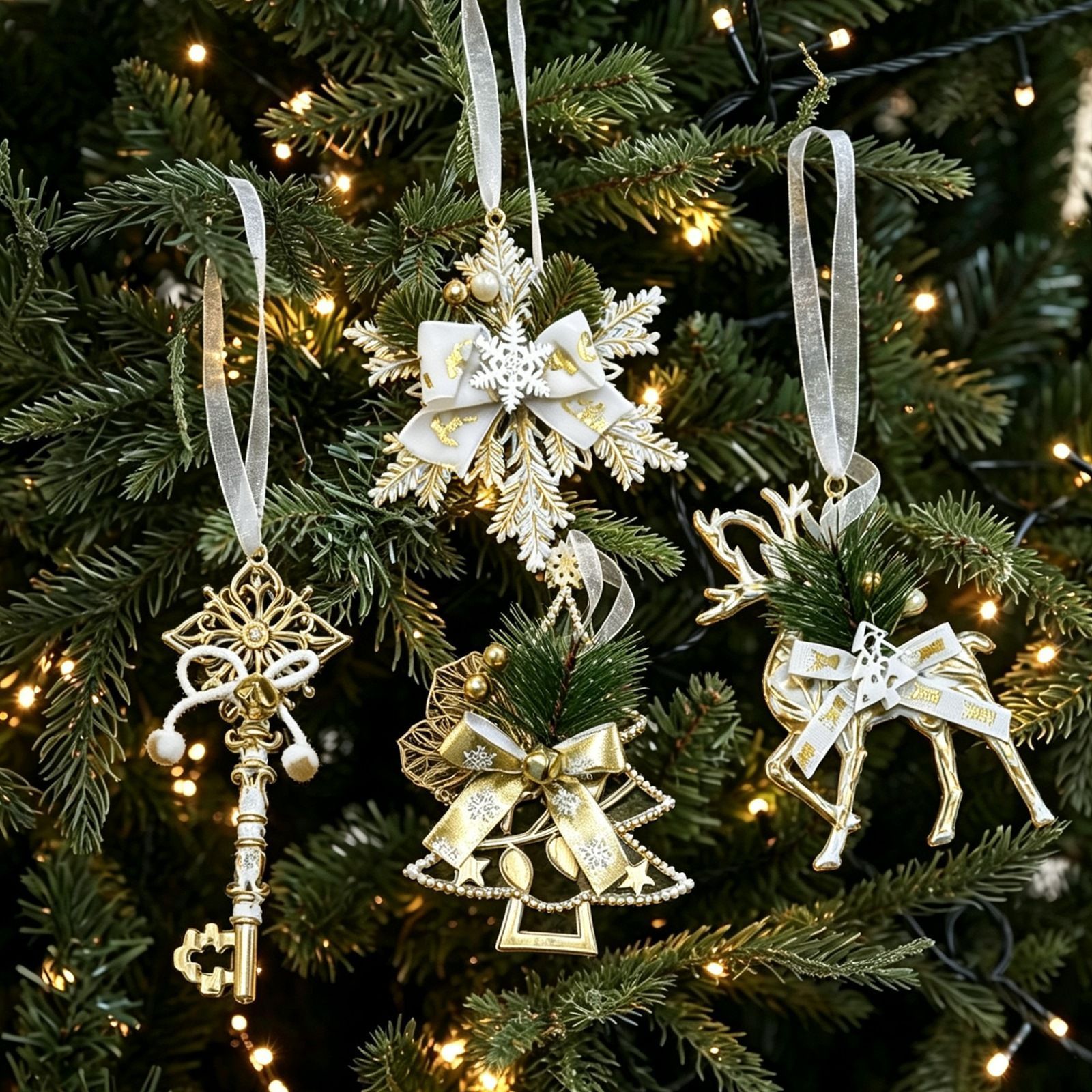 4pk Assorted White Gold Xmas Ornaments (Tree/Reindeer/Snowflake/Key)
