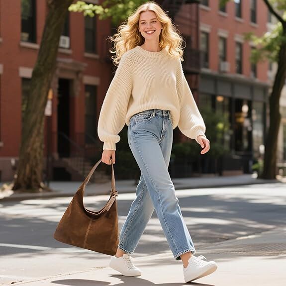 Leather Hobo Bags for Women Brown Purses Suede Purse Slouchy Tote Bag Suede Tote Bag Fall Winter Purses Handbag — image 3