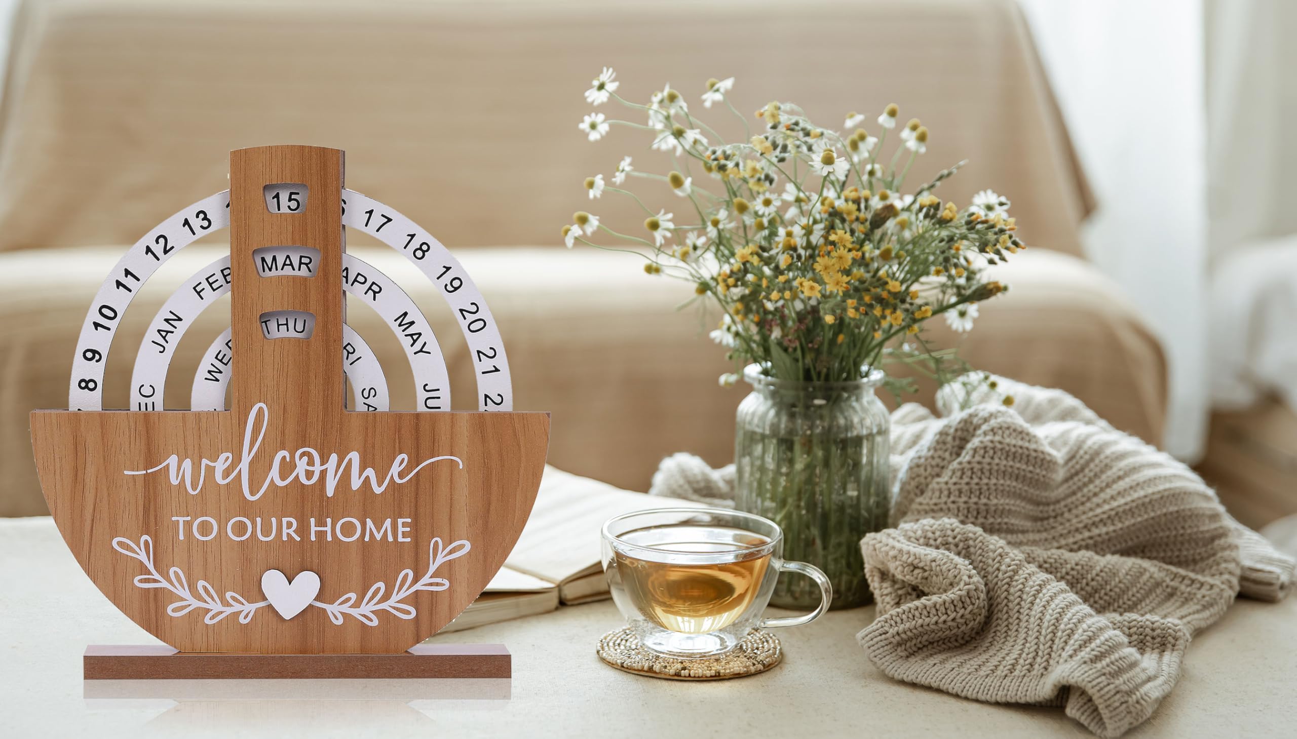 Wooden Perpetual Calendar with "Welcome to Our Home" Design – Rotating Desk Decor for Office & Living Space (Natural Wood) — image 6