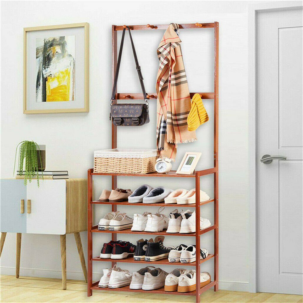Bamboo 5-Tier Hat Coat Shoe Rack Entryway Bench Hanger Storage — image 5