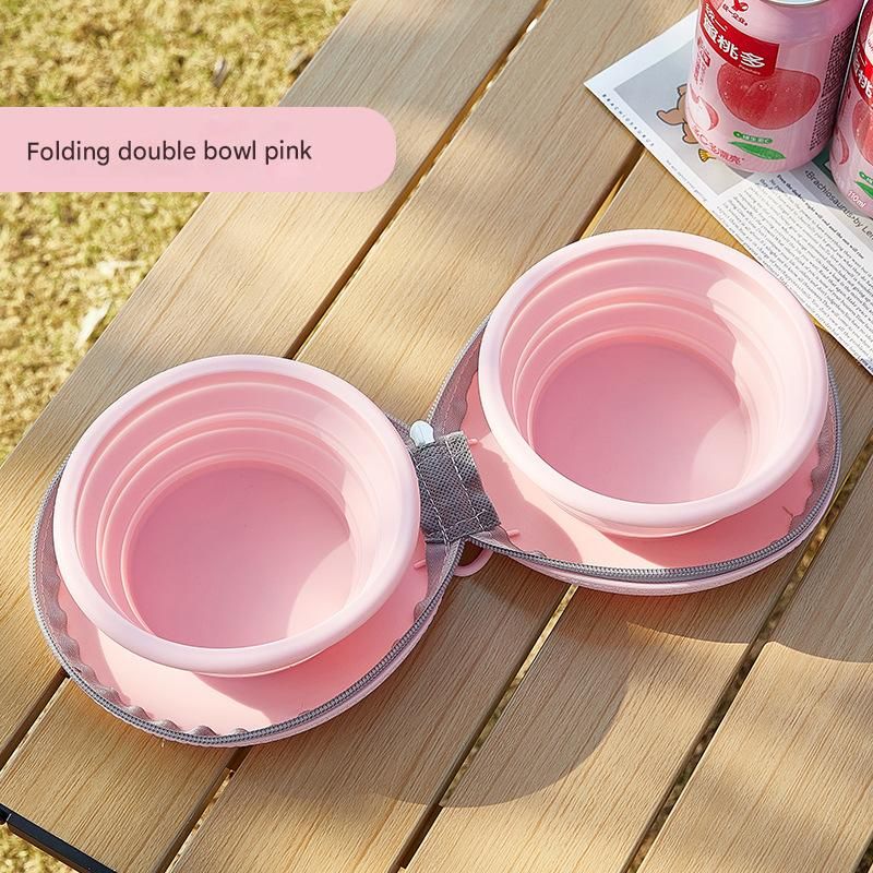 Pink Portable Collapsible Silicone Pet Bowl - Food Grade Silicone - Dual Bowl Design, Adjustable Height, Lightweight & Compact, Bear Paw Pattern, for Dogs &