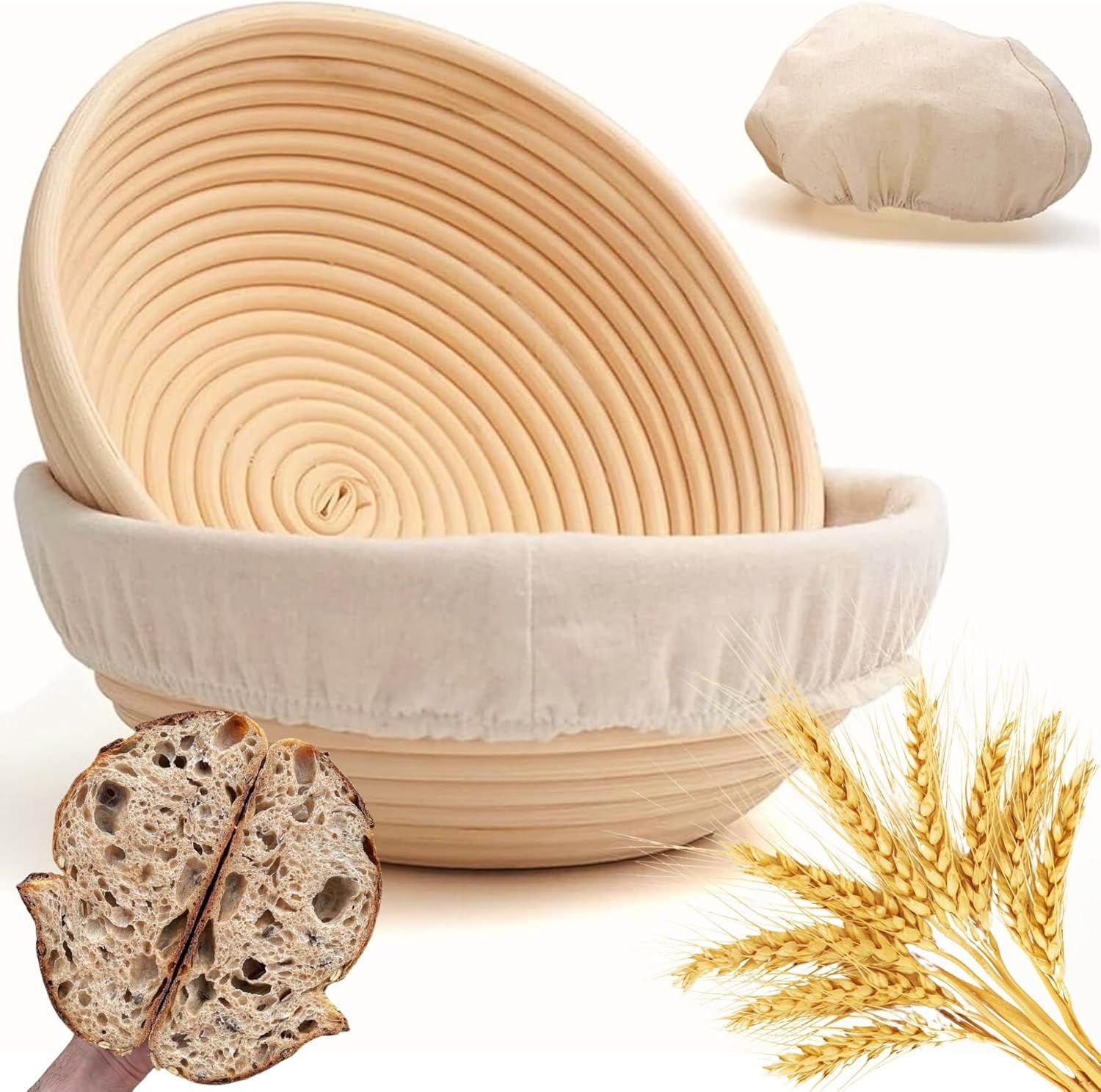 Proofing Basket Ø 25 cm - Bread Baking - Banneton - Proofing Basket Bread - Proofing Basket Round - Rattan Bread Pan - Dough Basket - incl. Dough Linen | 1