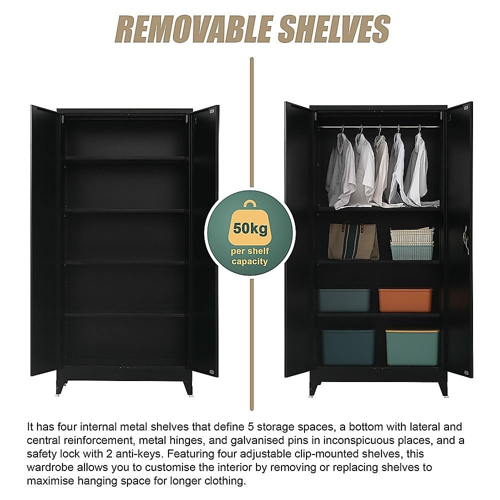 Black Two Door Metal Storage Cabinet with Legs Adjustable Shelf Lockable Steel Cupboard for Home Office Gym — image 5