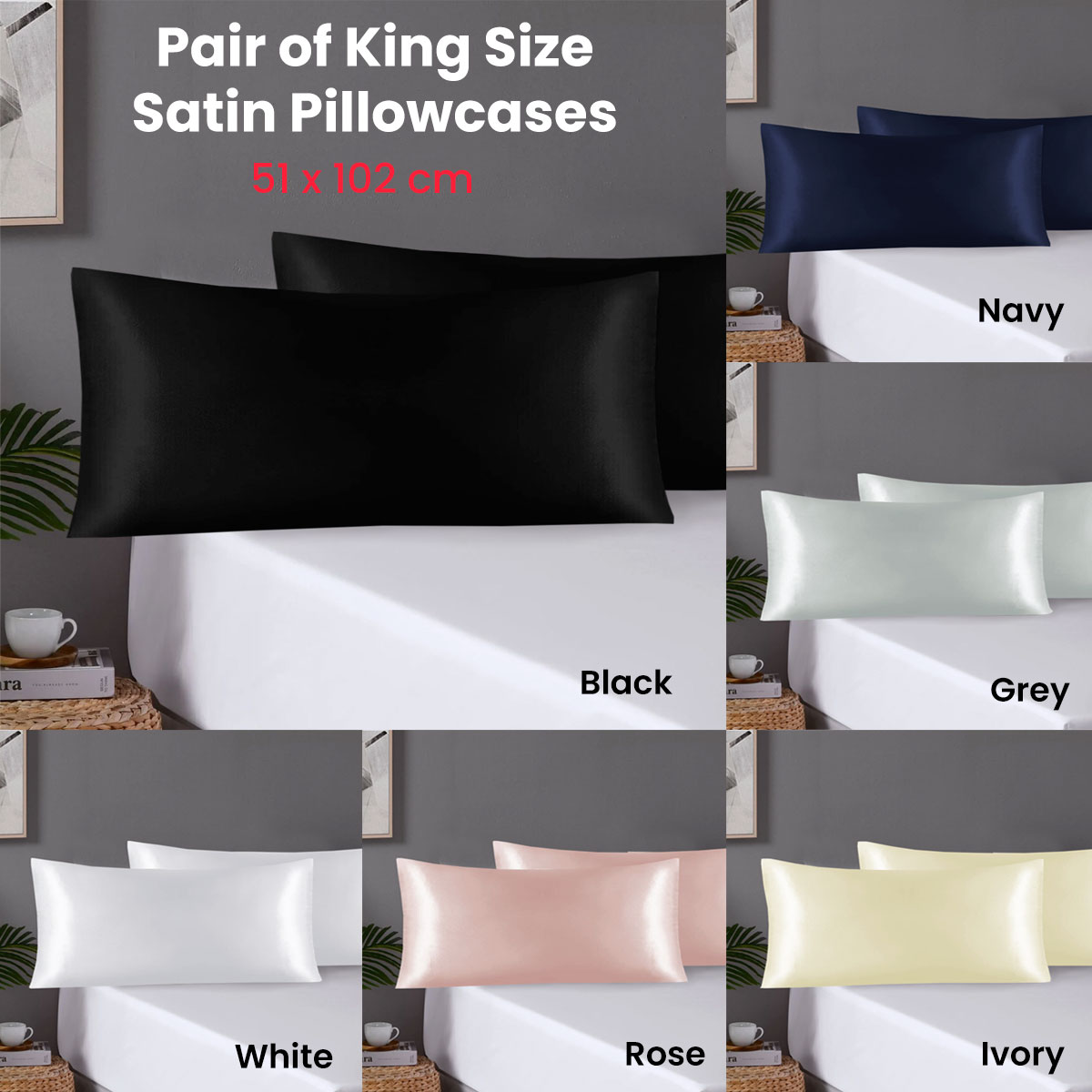 Pair of King Satin Silk Pillowcases with Envelope Closure 51 × 102 cm Grey — image 2