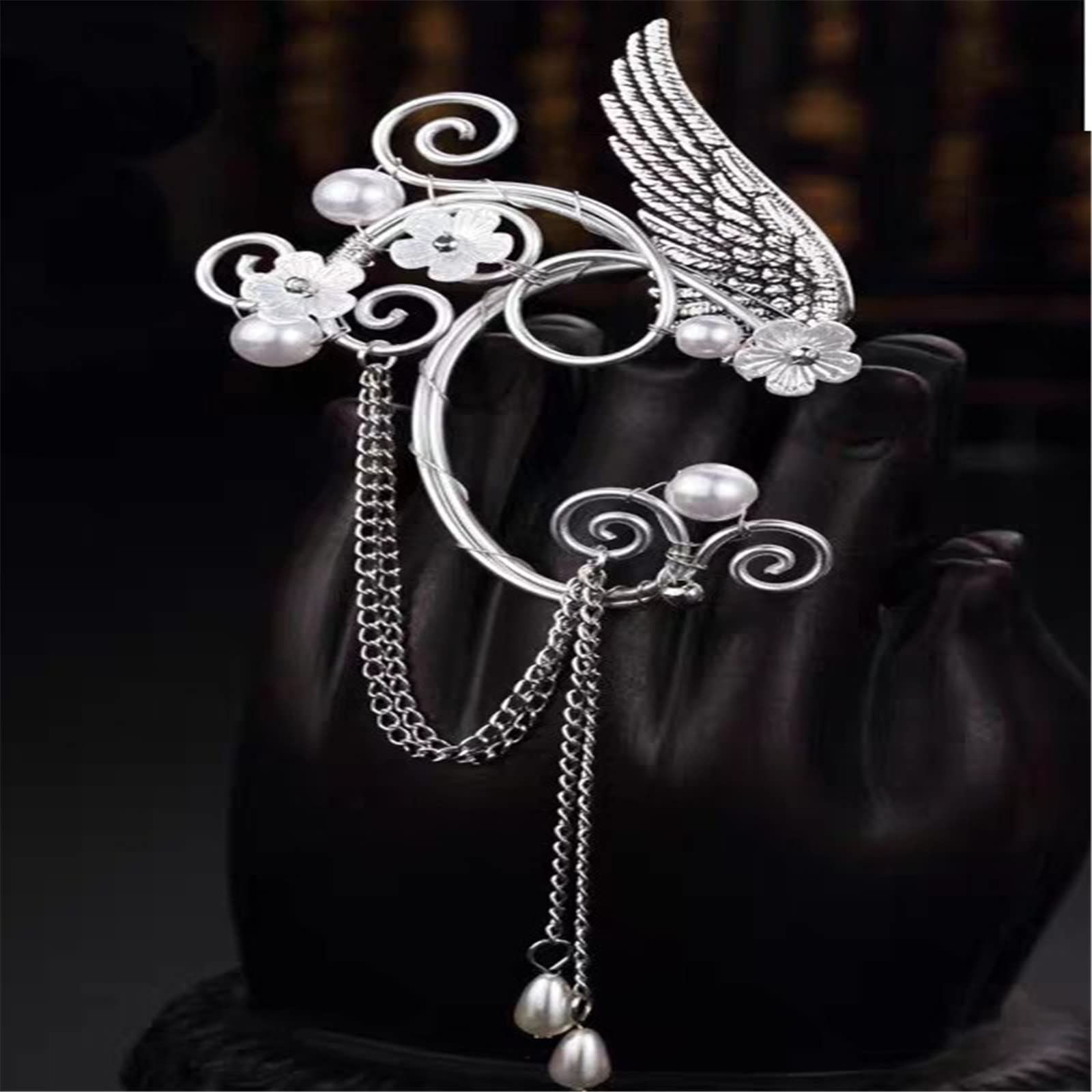 Handmade Nonpierced Elf Fairy Ear Cuff Wrap Earring Celtic Elven Flower Faux Pearl Bead Wing Chain Tassel Clip-On Earring — image 4
