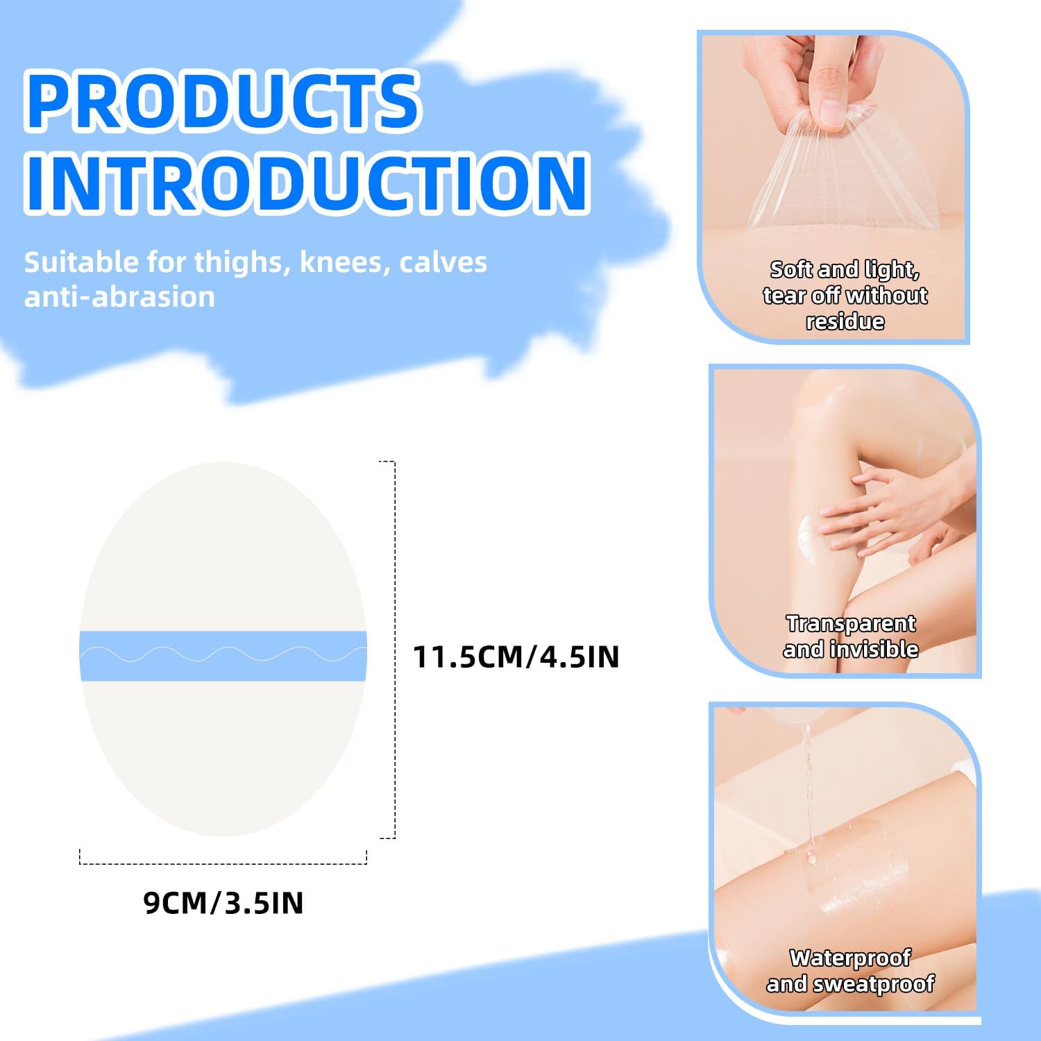 10 Pcs PU Transparent Anti-Chafing Thigh Patches, Waterproof Film Invisible Adhesive Sticker for Thigh, Knee, Heel Protection, Skin-Friendly Tape(4.5 x 3.5 in โ image 2