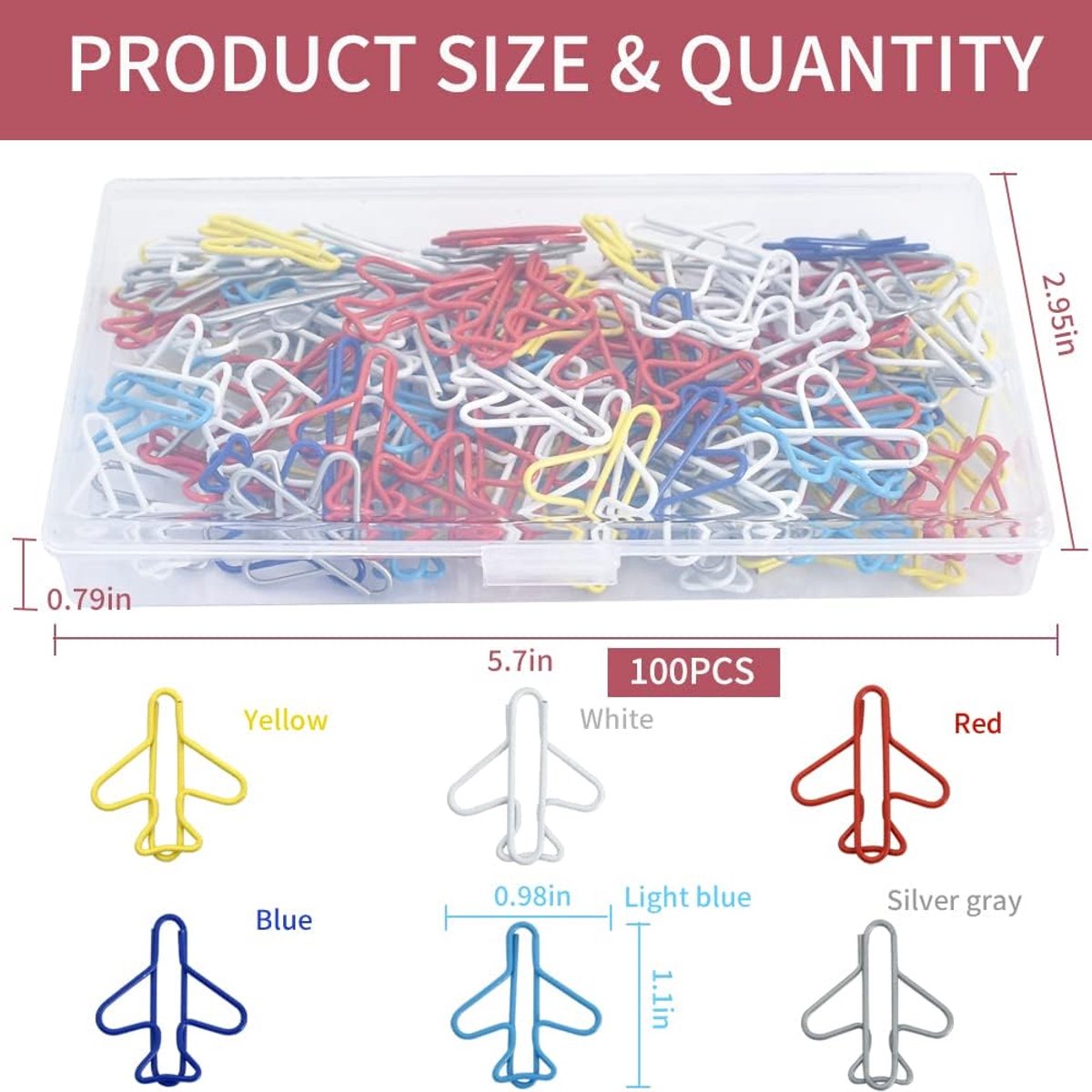 Paperclips - Pack of 100, creative paperclips in the shape of a small airplane in rainbow colors - Available in multiple colors - Fun metal bookmarks in the — image 2