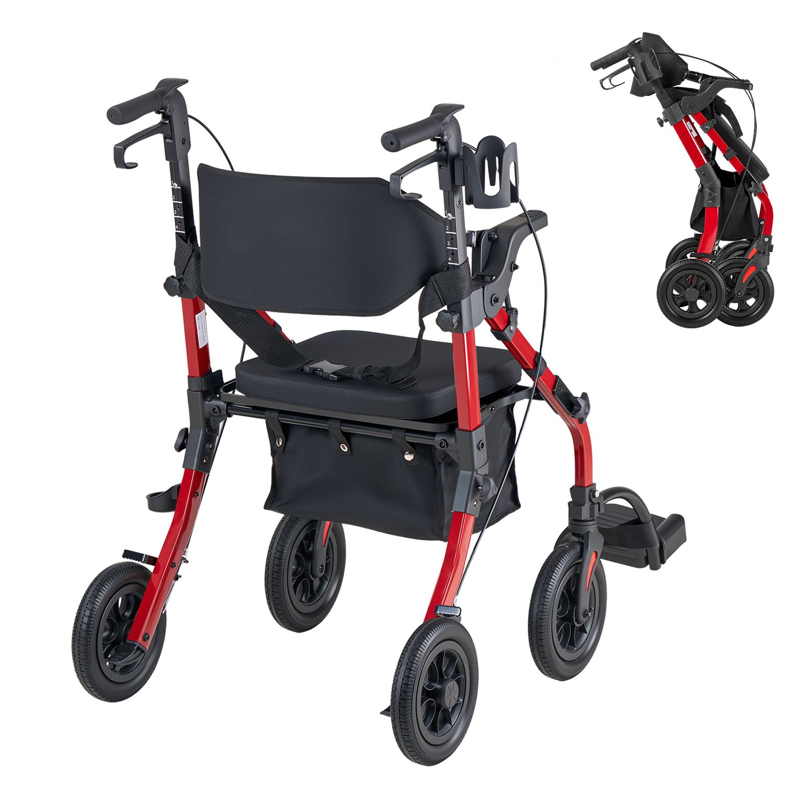 2-in-1 Rollator Walker & Transport Chair for Seniors, Foldable Rolling Walker Wheelchair, Lightweight Aluminum Mobility Walking Aid with Solid PU Wheels, Cup &