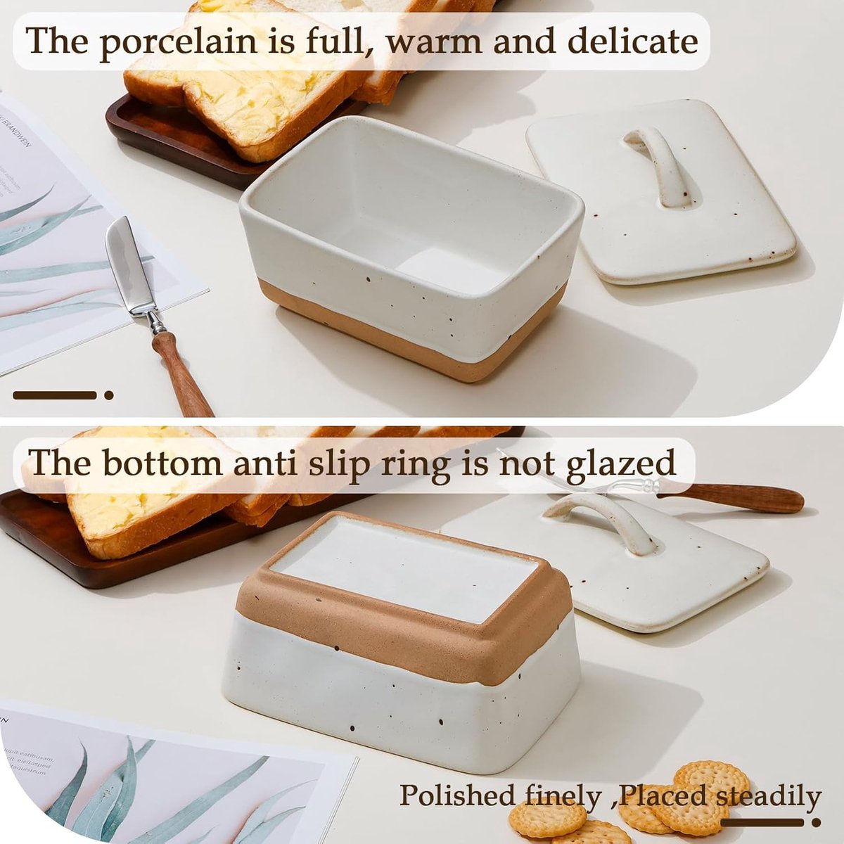Ceramic butter dish with lid for countertop use, vintage European butter dish with lid, covered butter dish, suitable for 1 stick (white, uniform size) — image 3