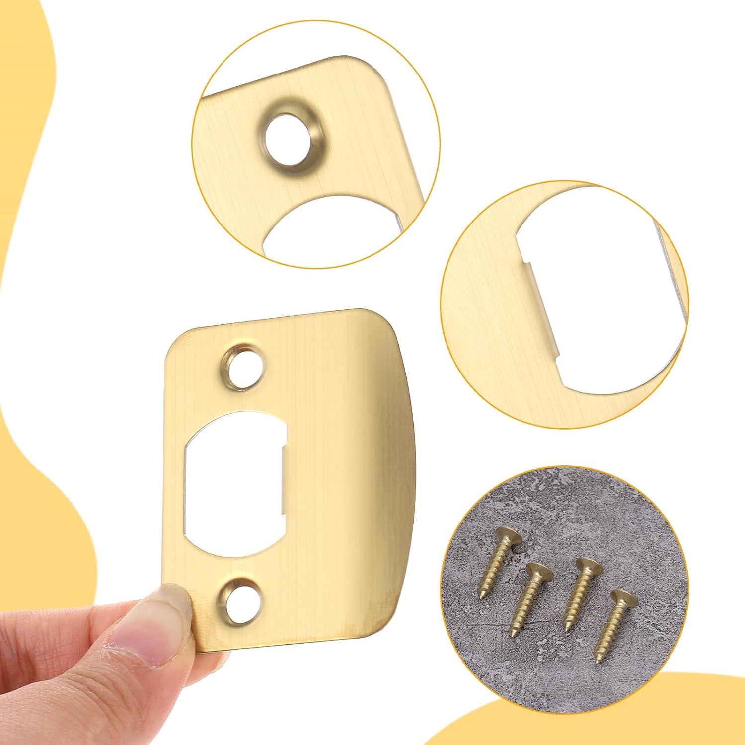 Door Strike Plate 2-1/4"x1-3/4", 2 Pcs Universal Round Corner Design Gold Stainless Steel Construction Extended Lip Door Latch Plates Hardware with 4 Pcs 0.8" โ image 2