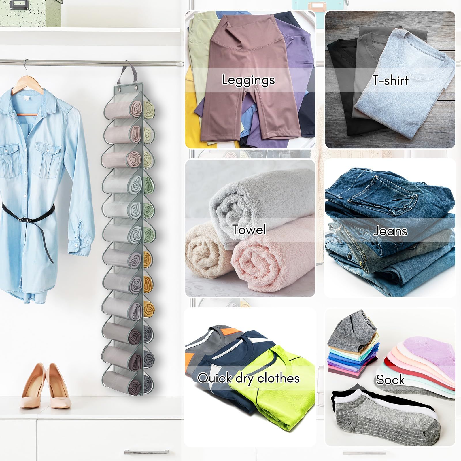 Legging Storage Bag Storage Hanger Closet Organization Holds 24 Leggings or Shirts, Jeans, and More - Grey — image 5