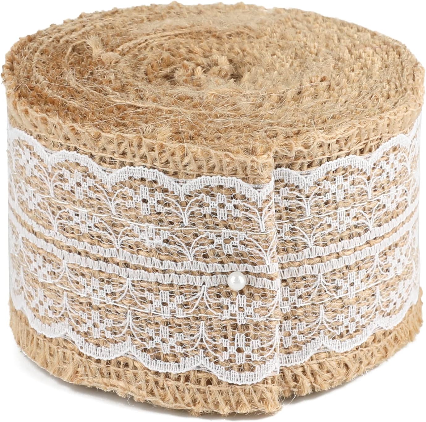 Natural Jute Burlap Ribbon Roll - 2.4Inch x 5.5Yards Rustic White Lace Burlap Ribbon Trim Tape for DIY Crafts, Bottle Decor, Wreath
