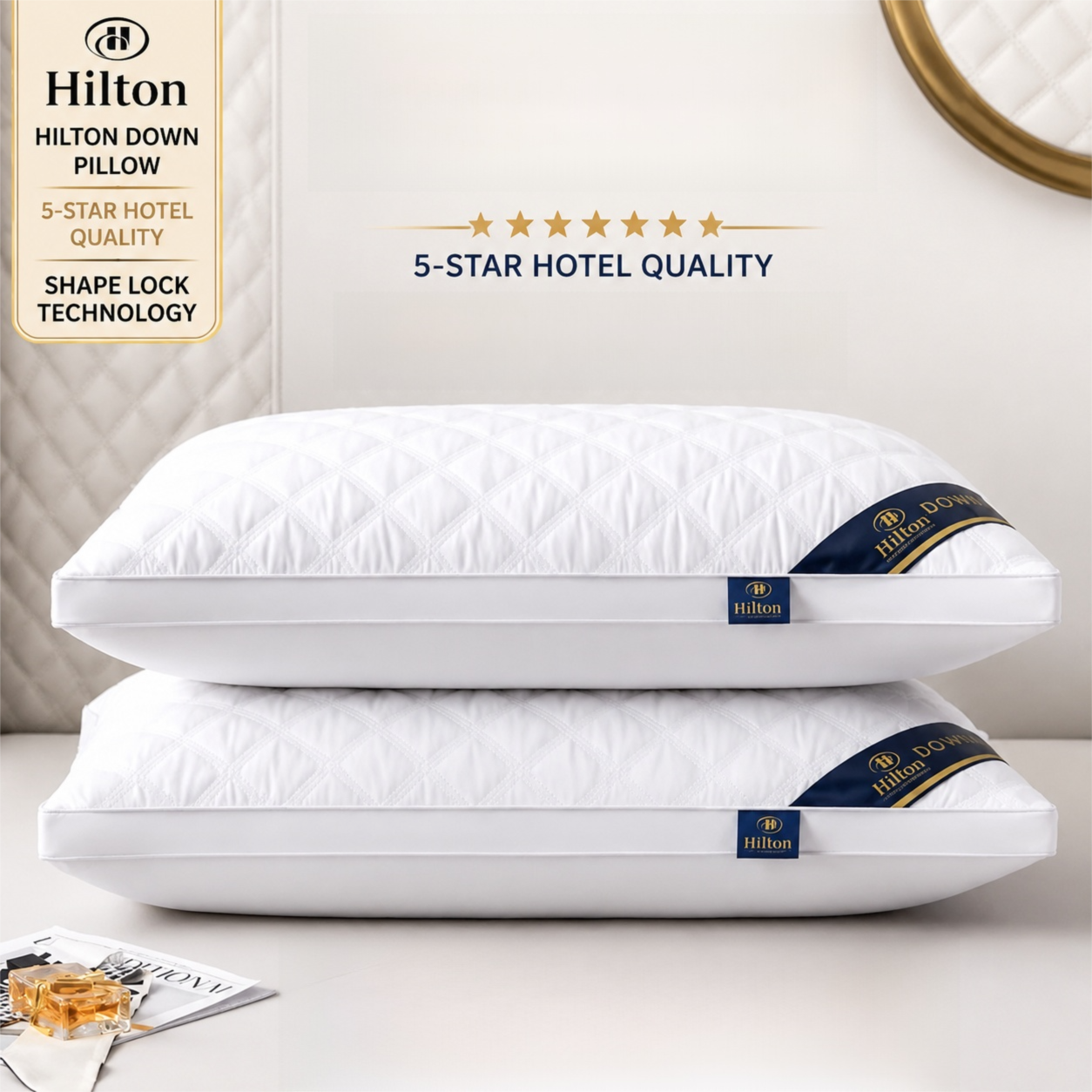 High Rebound Quilted Hotel Pillow Set 2 Pack - Anti Collapse Brushed Fabric Bed Sleeping Pillows for Ergonomic Neck Support (Low Pillow)