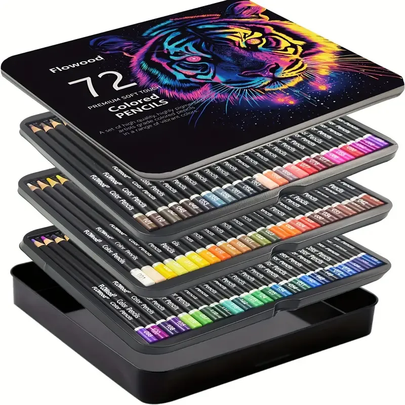 Flowood 72-Color Premium Soft Touch Colored Pencils Tin Set — Pre-Sharpened, Highly Pigmented Soft Core, Multi-Tier Portable Storage. The Top Choice for — image 2