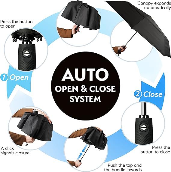 Black Automatic Windproof Travel Umbrella Compact Folding Umbrella Auto Open and Close with Vented Double Canopy for Rain and Sun — image 4
