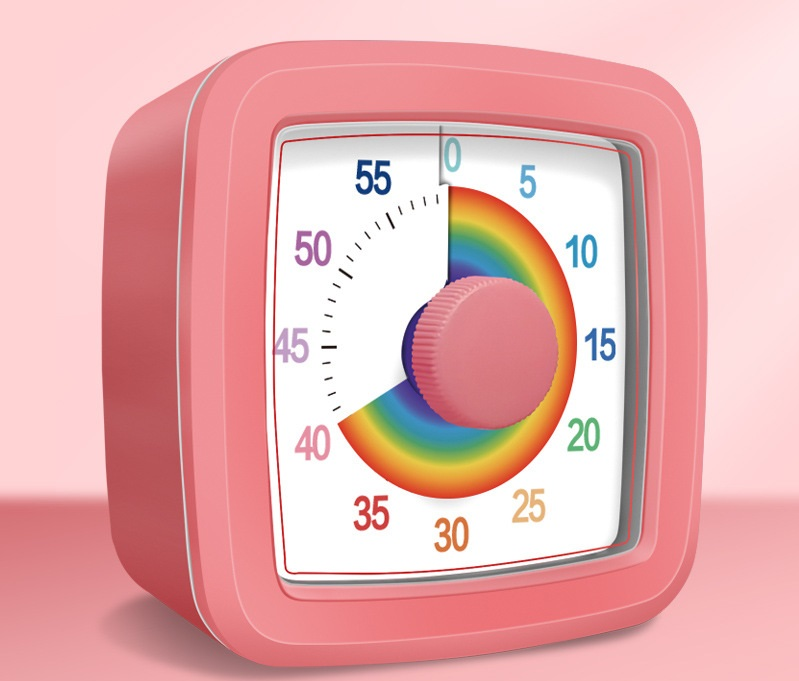 Pink Visual timer for kitchen โ a 60-minute rainbow countdown timer, silent operation, suitable for cooking, studying, and everyday tasks. Battery powered