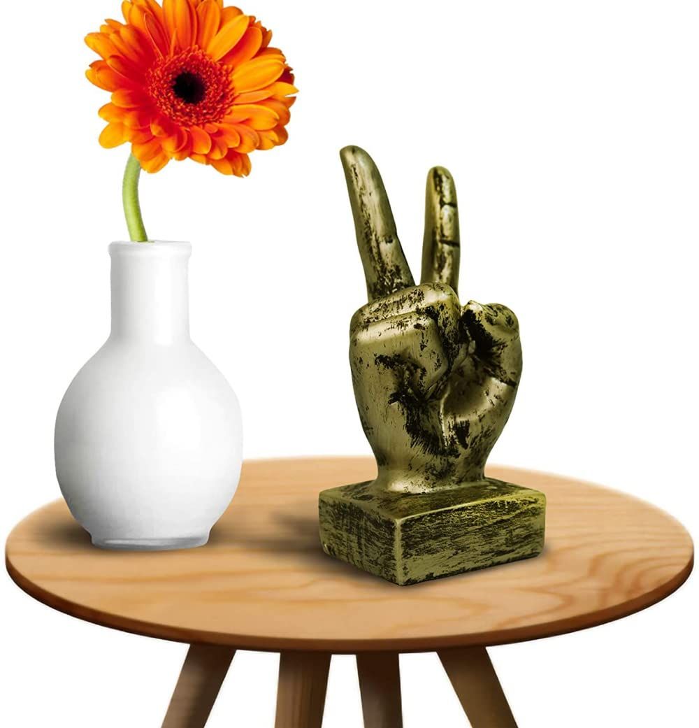 Hand Finger Gesture Desk Statues Fingers Sculpture Creative Home Living Room Cabinet Shelf Decoration (Victory Gesture in Gold) — image 2