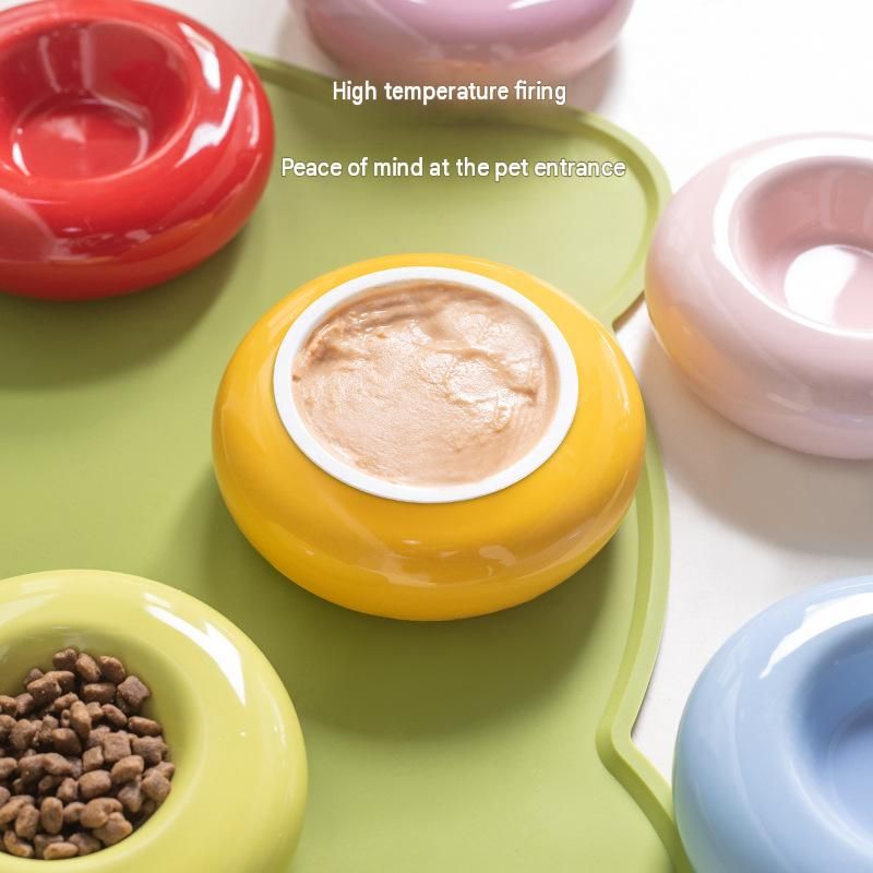 Yellow Ceramic Pet Donut Bowl - 50ml Food Dish for Cats and Small Dogs - Non Slip Base, Easy Clean Glaze, Compact Snack Feeder, Pastel Colours, Home — image 4
