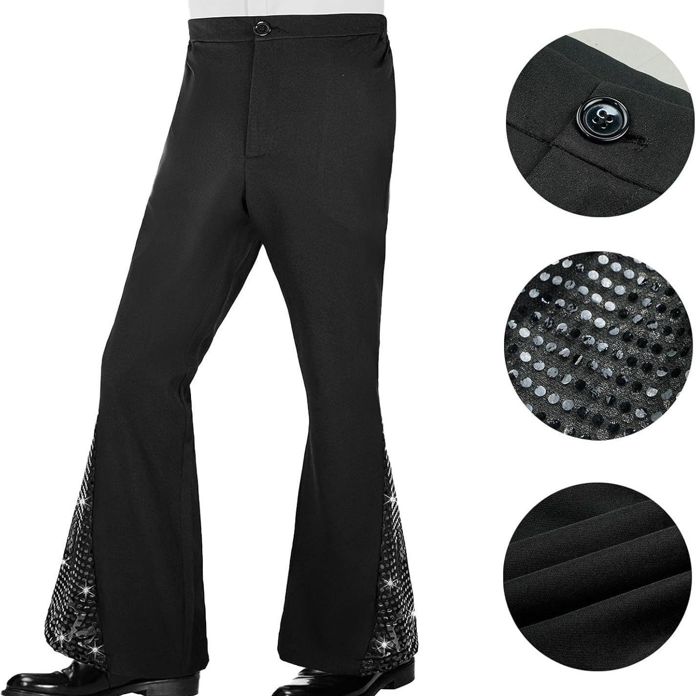 S size Men's 70s Disco Costume Set - Silvery Plaid shirt with Black Bell Bottom Pants & Accessories, Retro Polyester Dance Outfit for Parties and — image 4