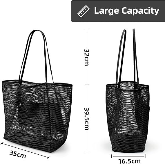 Beach mesh tote bag, foldable summer hobo bag for women, sand-proof, large shoulder bag, 35*17*37cm, vacation, travel, picnic, and shopping(Bla — image 5