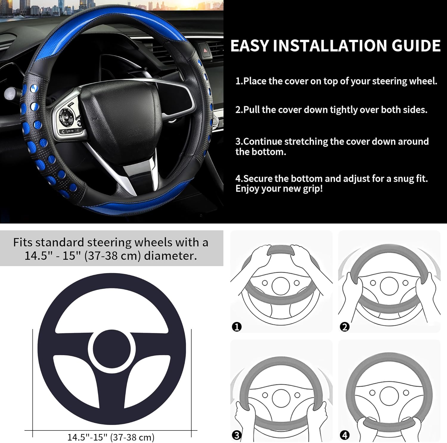 PU Leather Car Steering Wheel Cover with Non-Slip Grip, Suitable for Both Men and Women, Universal Fits 14.5-15 Inch Cars, Trucks, SUVs (Blue (Round), Medium — image 5