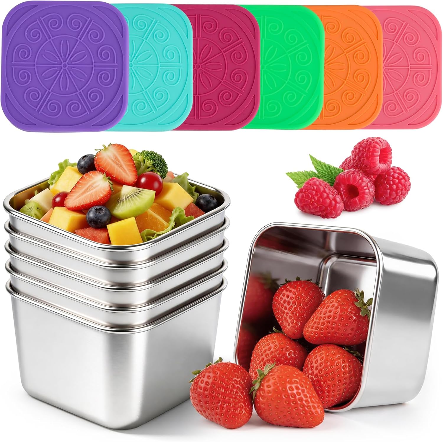 YQL 6-Pack 6oz Square Stainless Steel Snack Containers โ Leakproof Metal Food Storage with Colorful Silicone Lids, Reusable Small Boxes for Travel & Meal Prep