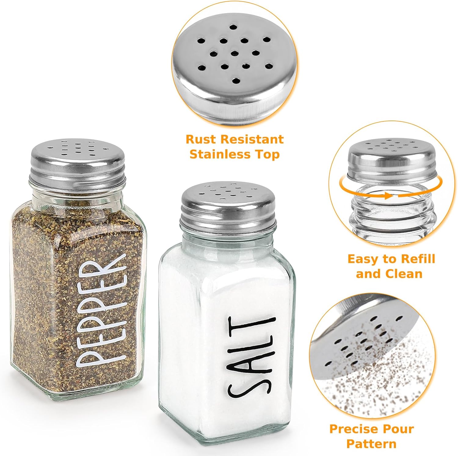Salt and Pepper Shakers Set, 3oz Glass Salt Pepper Shaker Containers with Stainless Steel Lids for Rustic, Farmhouse, Home Kitchen, Restaurant, Transparent — image 5