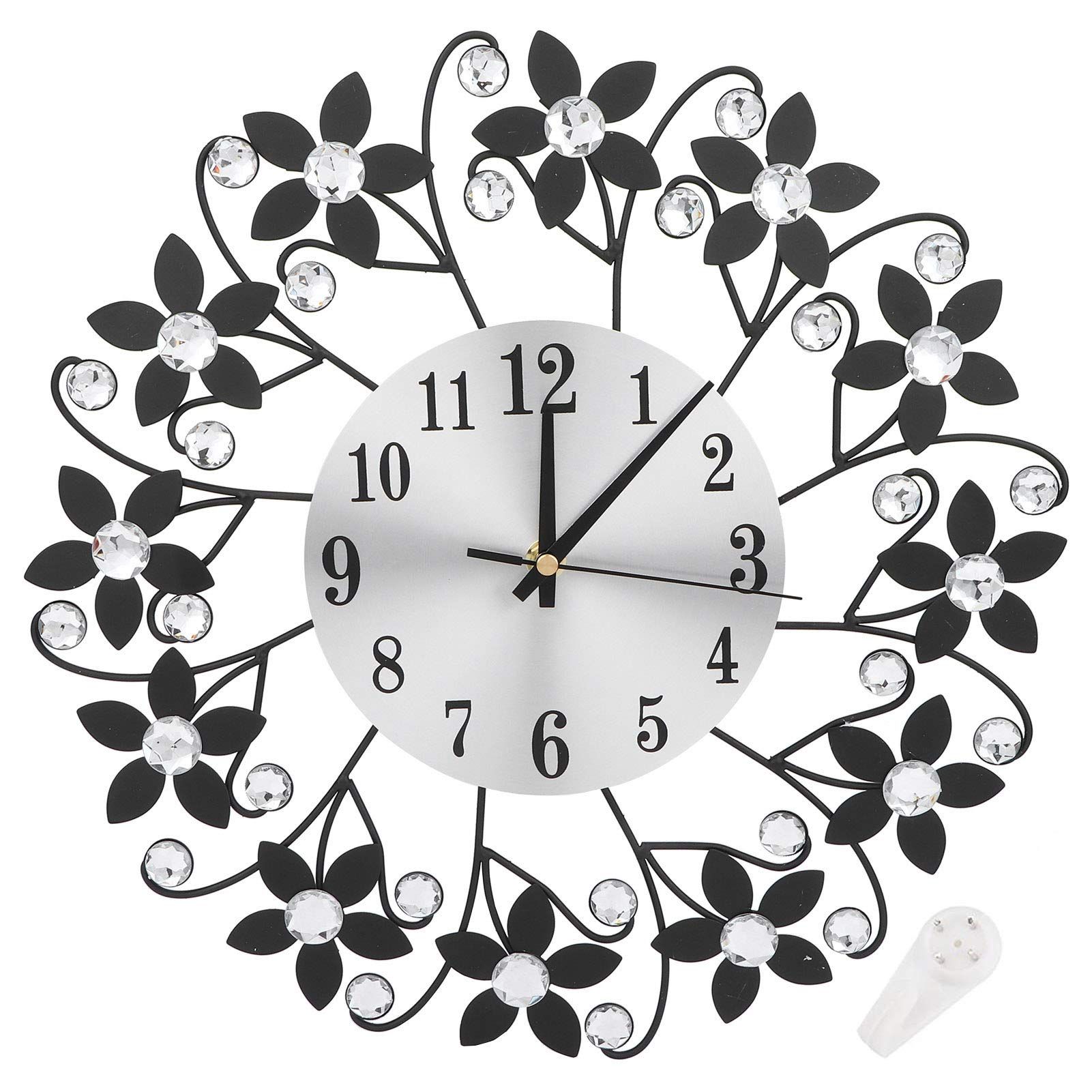 Large Modern Metal Clock with 3D Effect Battery Operated Non Ticking Sparkling Bling for Living Room Kitchen Bathroom Bedroom