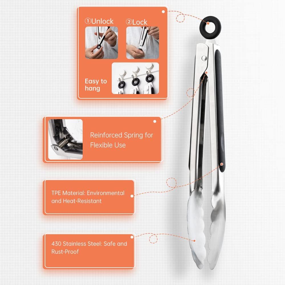 2 Pack Stainless Steel Kitchen Tongs Set (9" 12"), Non-Slip Metal Cooking & Serving Tongs with Hanging Loop (Black) — image 4