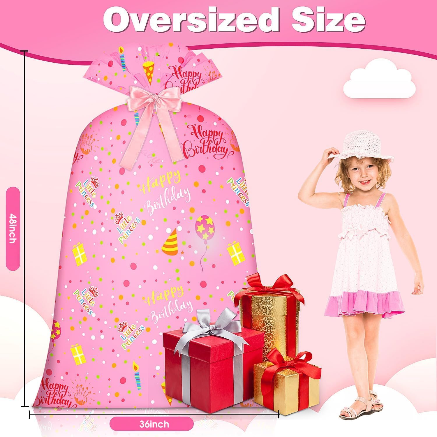 Extra Large Gift Bag Girl Birthday Jumbo Gift Bag, Bday Pink Giant Plastic Oversized Gift Bag Huge Gift Wrap Bag Birthday Bag Wrapping Bag for Large โ image 3
