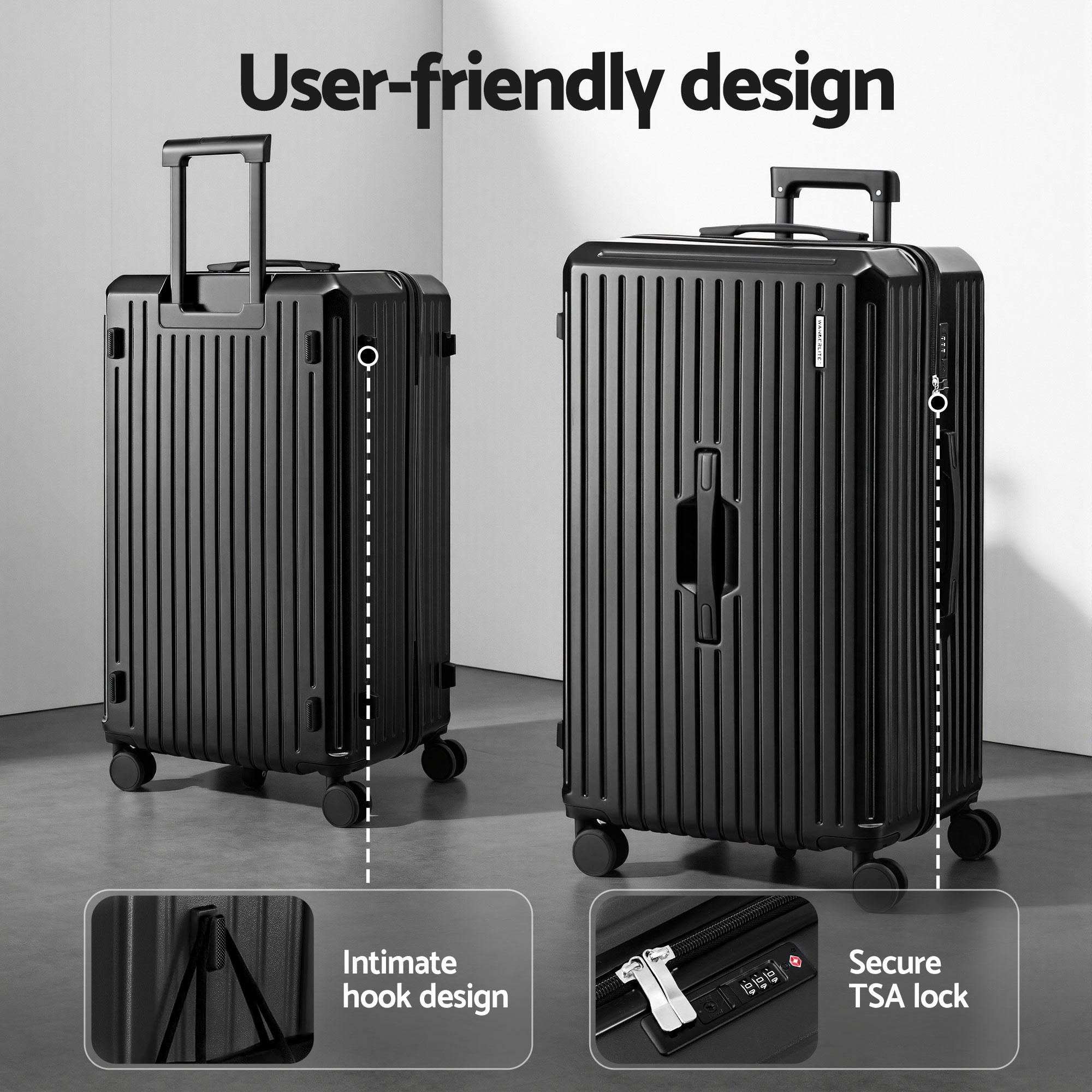 Wanderlite 4pcs Trunk Luggage Suitcase Set Travel Carry On TSA Lock Black — image 5