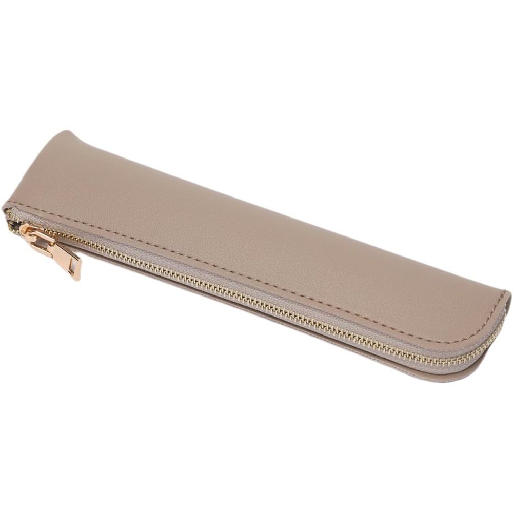 Faux Leather Pencil Case Cute Thin Slim Pouch Simple and Stylish Lightweight Leather pencil case(light khaki)